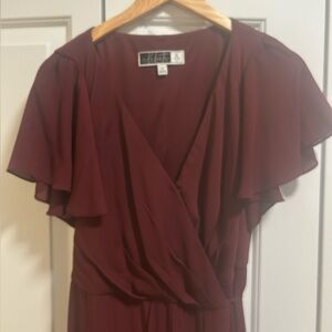 Maroon bridesmaid dress. Wrap dress. Floor length. Button added on neckline.